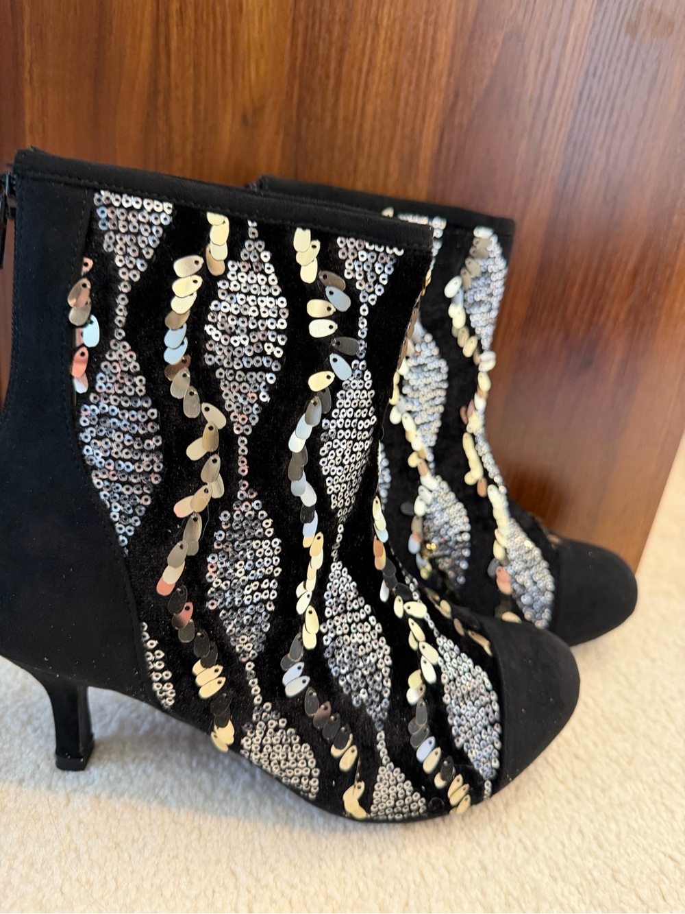 Joan Boyce Black Sequin & Iridescent Ankle Booties
